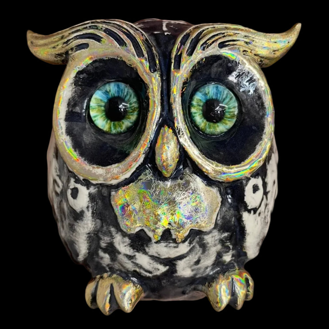 Decorative bass owl ocarina with large eyes and iridescent accents 