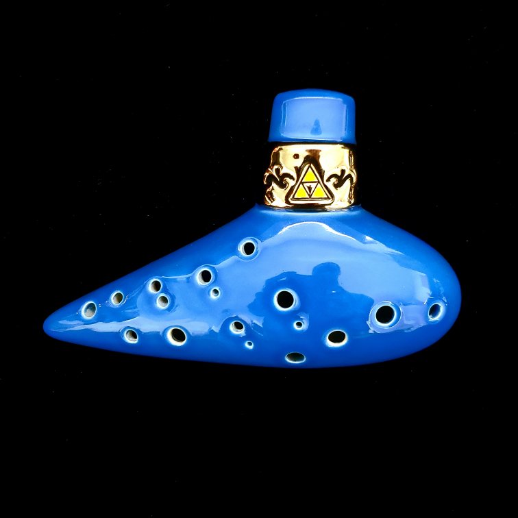 a front view of a blue double oot alto C ocarina of time from Zelda featuring a triforce emblem