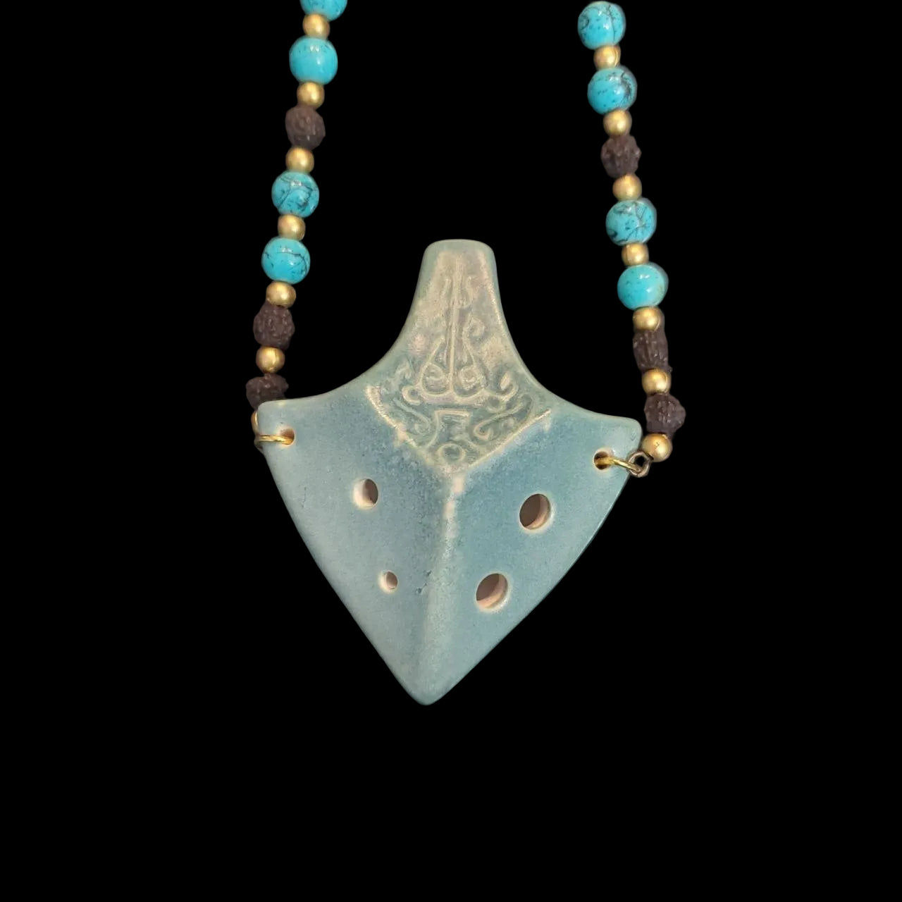 Turquoise pendant necklace ocarina with beads 