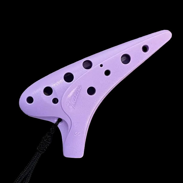 A lavender purple plastic ocarina with a black cord Brio Soprano C Songbird Ocarina Focalink Stein