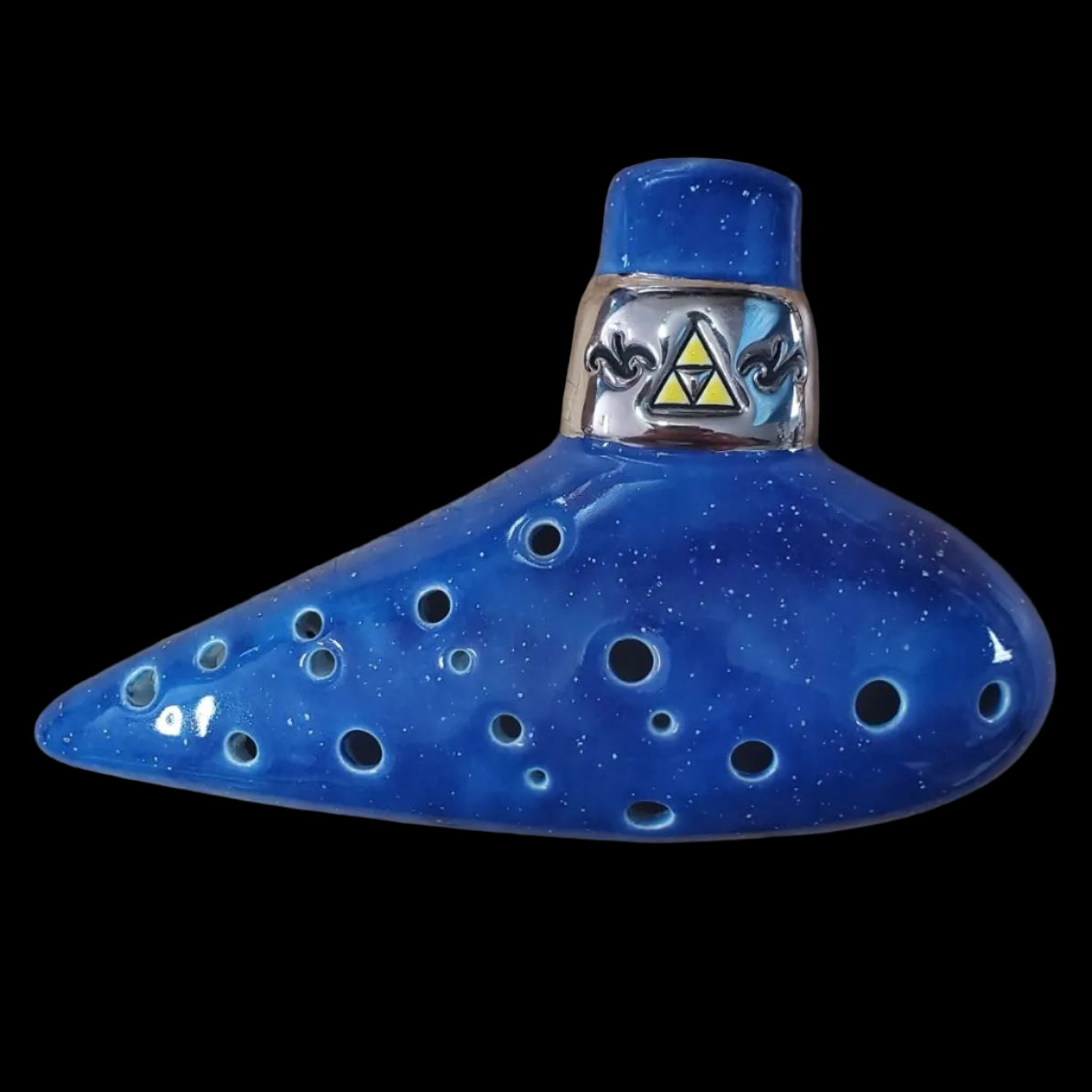 blue ceramic zelda double ocarina made of clay